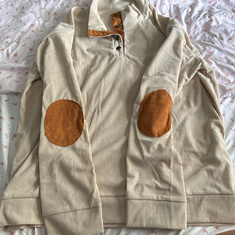 Soft Beige Pullover with Brown Elbow Patches